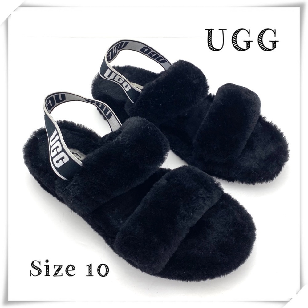Ugg Oh Yeah Fur Double Strap Flat Sandals In Black Size 10
